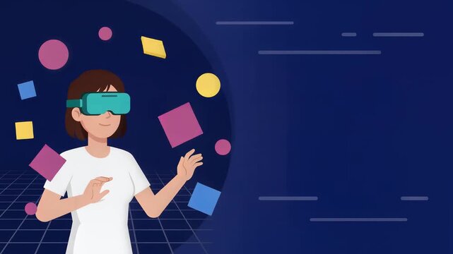 Woman Using Virtual Reality Headset Interacting with Digital Interface Flat Illustration