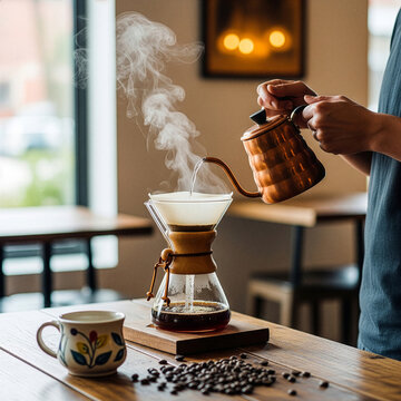 Barista brewing pour-over coffee with a gooseneck kettle. Pouring hot steaming water into a glass chemex maker. Specialty coffee culture concept