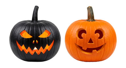 Black And Orange Jack O Lantern Pair Glowing Scary And Friendly Carved Halloween Pumpkins Isolated Cutout © Lazim