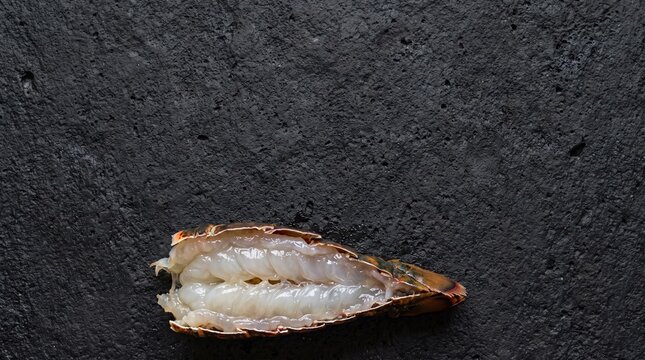 Raw split lobster tail on dark volcanic basalt with copy space