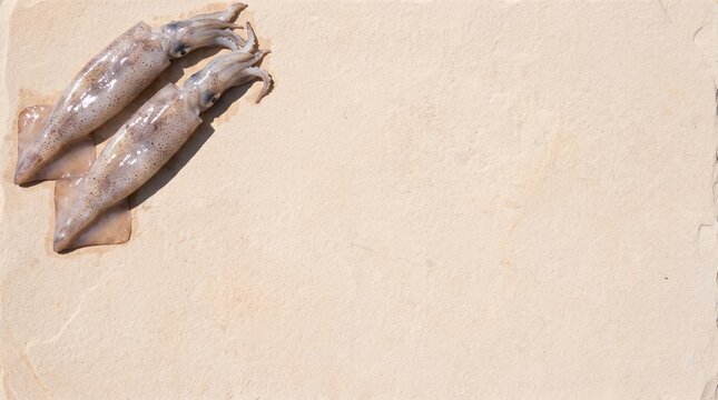 Raw fresh whole calamari squid on pale sandstone with copy space