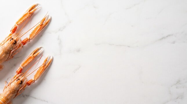 Raw fresh langoustines on white marble slab with copy space