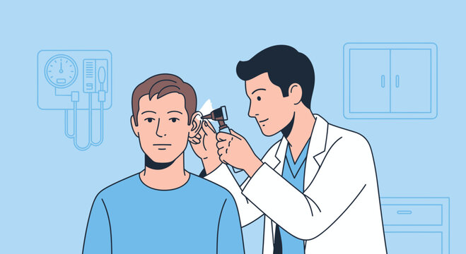 Doctor examines patient's ear with otoscope in medical office