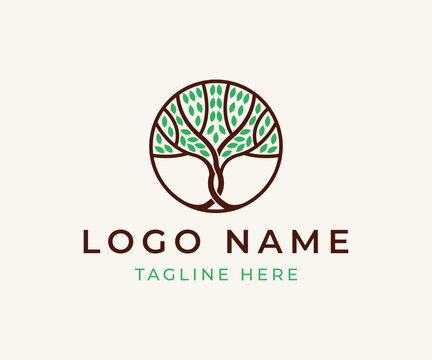Minimalist circular tree logo with green leaves and dark brown branches