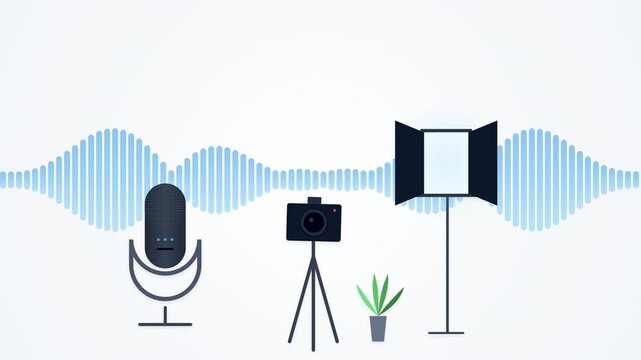 Professional Minimalist White Content Creator Studio with Fluid Audio Waveform