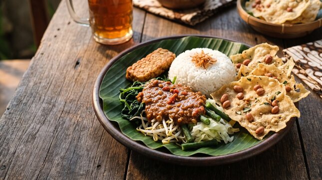 Traditional Indonesian Nasi Pecel Served with Steamed Rice, Peanut Sauce, Tempeh and Peanut Crackers