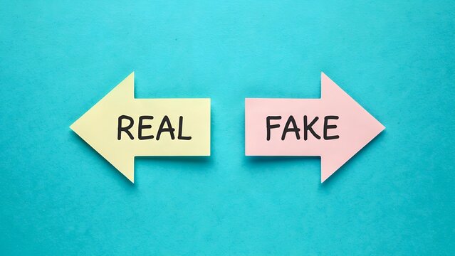 Real versus fake comparison concept photo. Yellow and pink paper arrows pointing in opposite directions with handwritten text on a blue textured background for truth verification