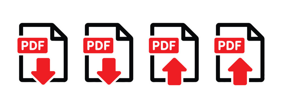 PDF file icons featuring download and upload symbols for document management, digital transfer, file sharing, cloud storage, and paperwork
