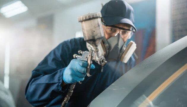 Worker wearing a respirator, goggles, and gloves using a spray gun to paint a car panel in an auto workshop.