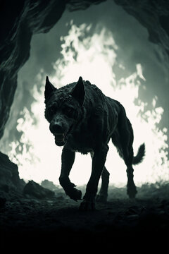 Terrifying zombie wolf emerging from dark cave. Scary undead dog monster with glowing eyes against fiery background. Dark fantasy horror concept