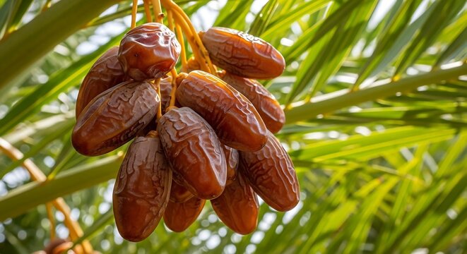 Ripe Sweet Date Palm Fruit Clusters Hanging From Tropical Green Tree Branches