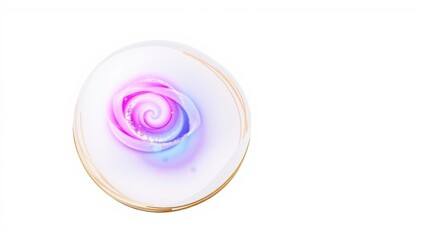 Fototapeta premium Circular design features swirling pink, purple hues. Golden rim surrounds white background. Abstract, elegant composition.