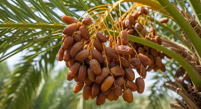 Cluster of ripe brown date fruits hanging on a date palm tree branch in a sunny tropical orchard