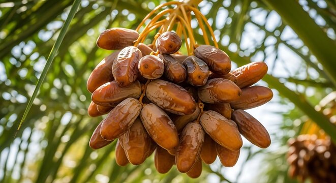 Close-up of ripe, brown dates hanging in a generous cluster on a date palm tree, showcasing natural sweetness and healthy harvest ready for consumption