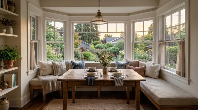 Cozy dining nook with a wooden table set for a meal and bay window benches overlooking a lush garden