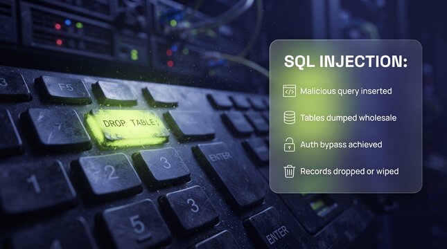 SQL injection database security threat concept. Keyboard with drop table key and glowing exploit warning UI overlay. Cyber attack and data breach photography.
