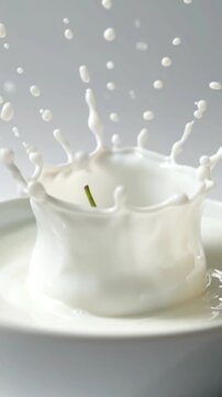 Fresh red strawberry dropping vertically into white milk creating a smooth crown splash in slow motion