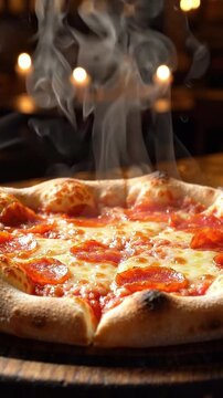 Warm steam rising gently from a freshly baked hot pepperoni pizza in a continuous shot