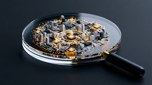 surreal performance monitoring concept, giant transparent digital lens observing a futuristic business ecosystem, glowing analytical signals surrounding monitored objects, data visualization and