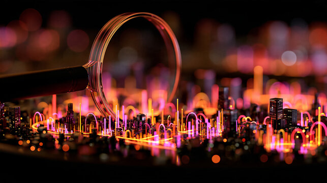 surreal performance monitoring concept, giant transparent digital lens observing a futuristic business ecosystem, glowing analytical signals surrounding monitored objects, data visualization and