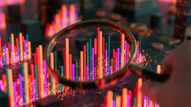 surreal performance monitoring concept, giant transparent digital lens observing a futuristic business ecosystem, glowing analytical signals surrounding monitored objects, data visualization and