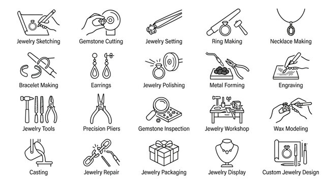 Detailed jewelry making and workshop process icon set.