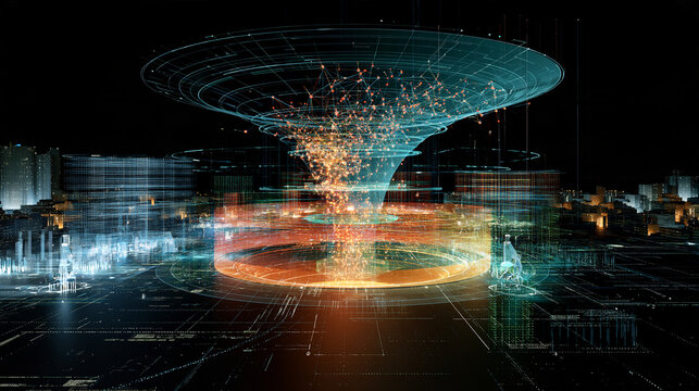 3D lead analytics visualization, glowing potential customer nodes entering a transparent intelligent funnel, AI filters separating signals into organized data clusters, futuristic sales technology