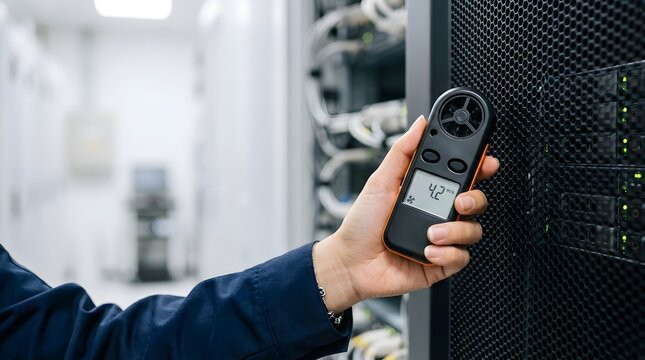 Professional IT specialist measuring airflow speed with a digital anemometer in a modern data center to ensure optimal server cooling and prevent overheating in a high-tech hardware facility