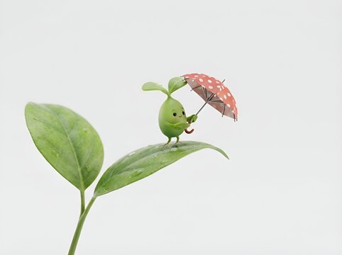 Little green plant creature holding a small red umbrella with white polka dots while standing on a large fresh leaf against a white backdrop.