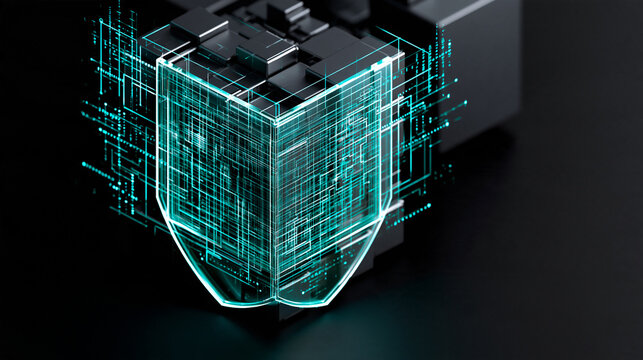 surreal risk intelligence concept, luminous transparent shield protecting a complex data ecosystem, probability pathways and analytical signals surrounding the structure, futuristic enterprise risk