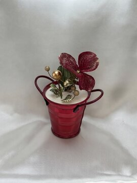Miniature Red Bucket Floral Centerpiece with Golden Accents for Christmas and Winter Holiday Decoration Design Projects
