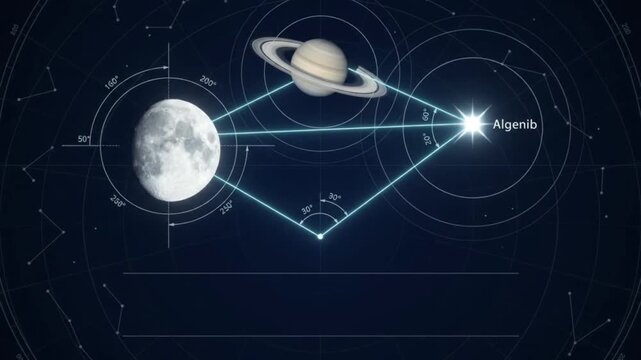 Astronomical Chart of Moon, Saturn, and Algenib Star Conjunction Geometry