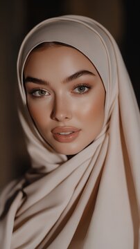 Close up portrait of a woman wearing a hijab, highlighting her elegant features and serene expression