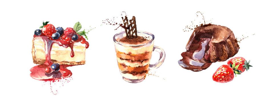 Hand drawn watercolor tiramisu, cheesecake, chocolate muffin. Vintage confectionery bakery set. Branding, menu, flyer, packaging, cafe design. Isolated vector  illustration on transparent background