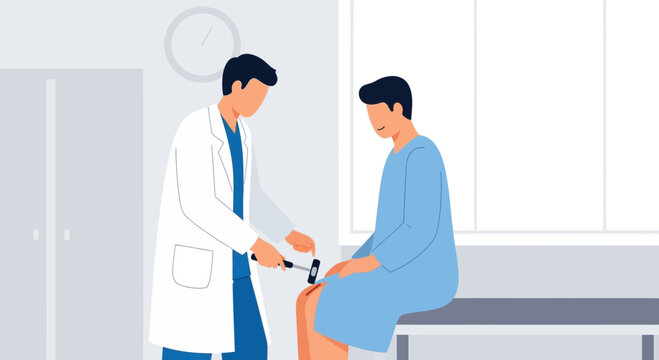 Doctor performing reflex test on patient in clinic examination room