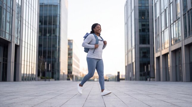 Run commuter jogging to work with backpack in city plaza