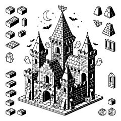 Obraz premium Halloween castle building blocks vector illustration set featuring spooky ghosts bats pumpkins moon towers bricks components isolated on transparent background