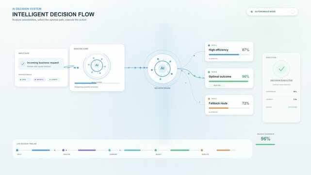 digital user interface showcasing an automated artificial intelligence decision flow system with real-time data processing, analysis core, and optimal outcome execution tracking.