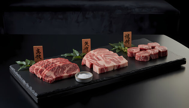 Deluxe Raw Wagyu Beef Sampler Platter with Different Cuts on Slate Plate