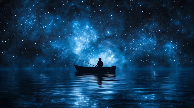 A solitary figure silently fishes from a small boat beneath a breathtaking night sky brimming with stars