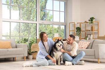 Pet ownership and companionship, happy couple sitting on floor at home with husky dog, lifestyle and domestic happiness in modern living room interior © Pixel-Shot