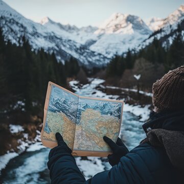 A hiker consults a paper map while standing in a snowy mountain valley, planning their route amidst a stunning winter landscape