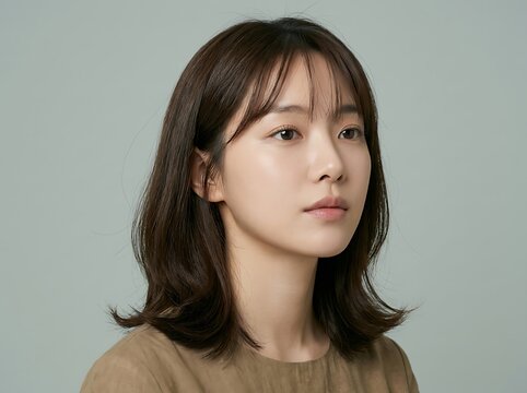Young woman with dark hair looking away in profile portrait shot face ear neck skin nose lip eye shoulder collar brown.