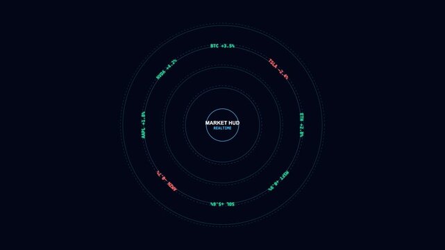 Market hub circular display with cryptocurrency price data ideal for financial trading asset metrics. Perfect for financial websites and reports.