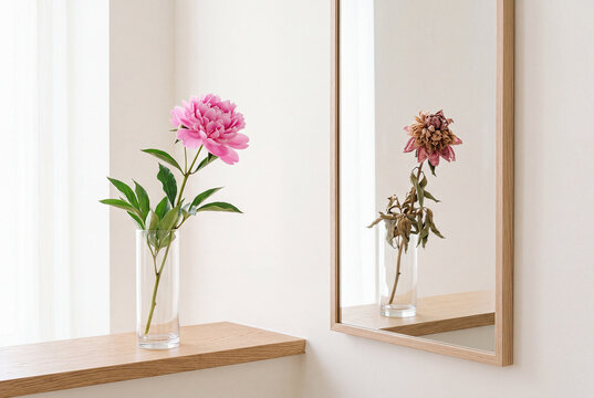Conceptual still life image with flower and a mirror