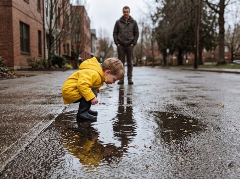 Toddler in yellow jacket playing in a rain puddle with father