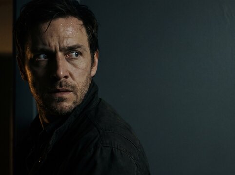 Concerned man looking away in dark lighting