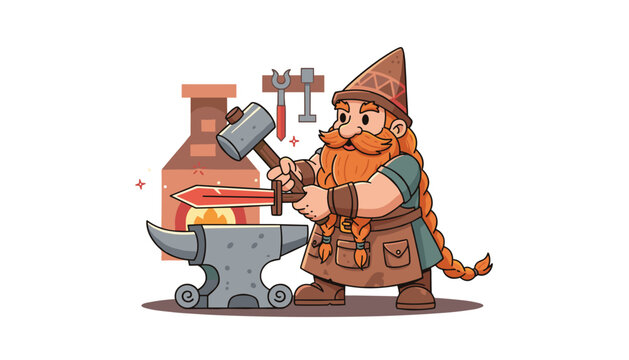 Dwarf blacksmith with a long orange beard forging a red hot sword with a hammer on an anvil in a workshop.