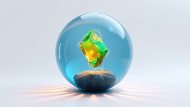 Glowing crystal floats inside glass sphere. Light radiates from base, creating dramatic effect. Minimalist composition, clean background.