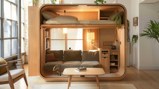 Modern compact living room with built in loft bed and cozy seating